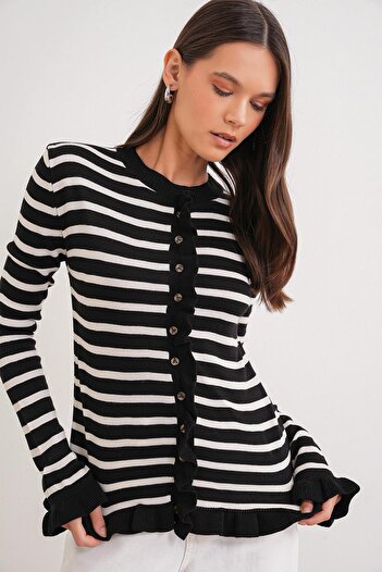 Mixray 6965 Women's Ruffle Detailed Striped Knitwear Cardigan Black
