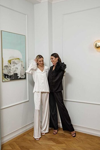 VELİNA GROUP Dark Powder Satin, Long Sleeved Pajama Set, with Goose down Detail.