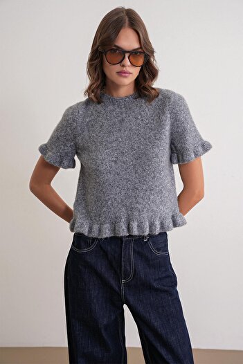 Mixray 6974 Women's Knitwear Ruffled Short Sleeve Sweater Dark Gray