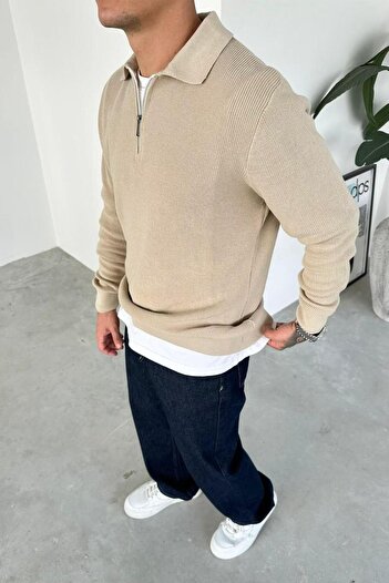 HAFKAGİYİM Cream Half Zip Relaxed Knit Sweater