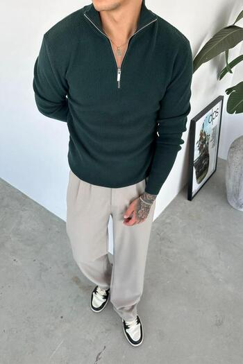 HAFKAGİYİM Petrol Basic Ribbed Half Zip Relaxed Sweater