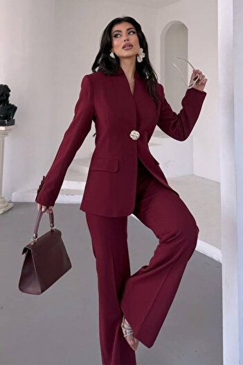 AKD Atelier Women's Two-Piece Suit Stylish Button Detail Stand Collar Blazer Jacket Wide Leg Pants Set