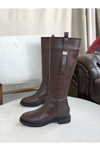 MODAADAM Women's Gail Flat Bottom Buckle Boots - Brown-Leather
