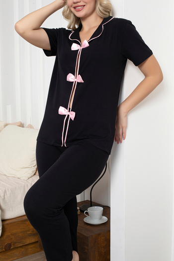 Lavint Homewear Women's cotton lycra (95% cotton 5% lycra) comfortable fit pajama set with ribbon bow pattern