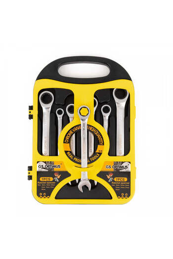 SPEEDSTORE Set of 7 combination wrenches, fixed head ratchet, 8-19mm, Cr-V, box