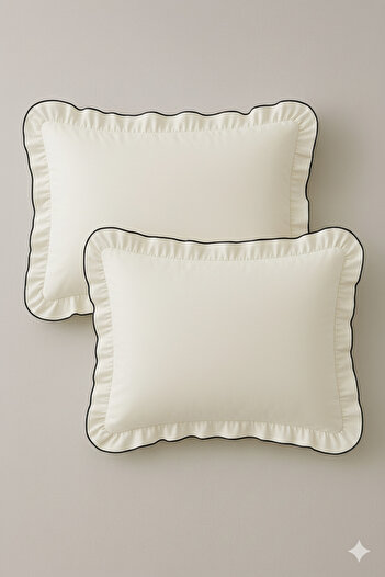 GÖRMEZ TEKSTİL Ecru Cotton 2-Piece Ornate Stitched Ruffled Pillowcase Set 50X70 cm – Stylish and Durable