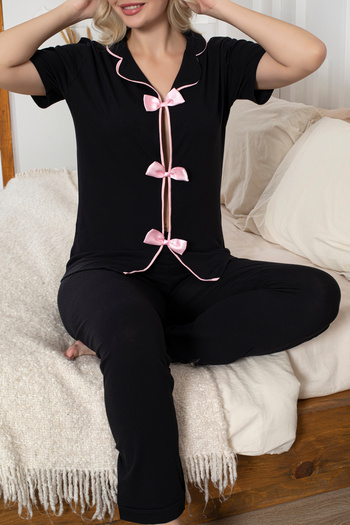 Lavint Homewear Women's cotton lycra (95% cotton 5% lycra) comfortable fit pajama set with ribbon bow pattern