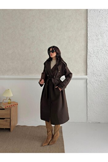 Serica Moda Μακρύ παλτό με καφέ ζώνη