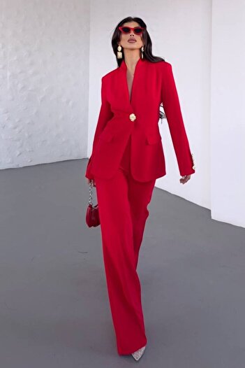 AKD Atelier Women's Two-Piece Suit Stylish Button Detail Stand Collar Blazer Jacket Wide Leg Pants Set