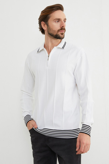 Fulla Moda Striped Polo Neck Half Zip Knitwear Bodysuit