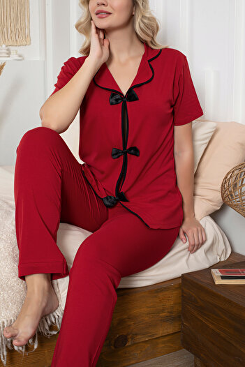 Lavint Homewear Set de pijamale pentru femei din bumbac lycra (95% bumbac, 5% lycra) cu model de fundă cu panglică, cu formă confortabilă