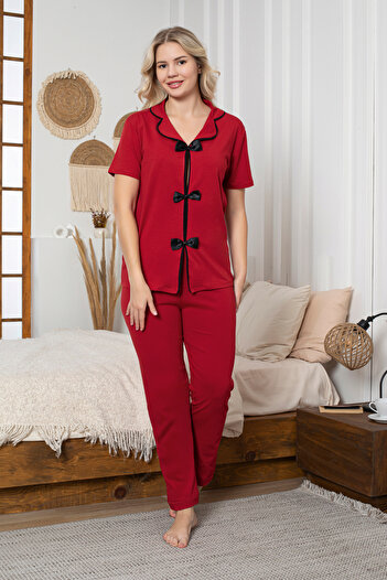 Lavint Homewear Set de pijamale pentru femei din bumbac lycra (95% bumbac, 5% lycra) cu model de fundă cu panglică, cu formă confortabilă