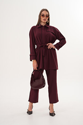 AYASOFYA OTANTIK Women's Burgundy Zipper Closure Piping Shirt Pants Set