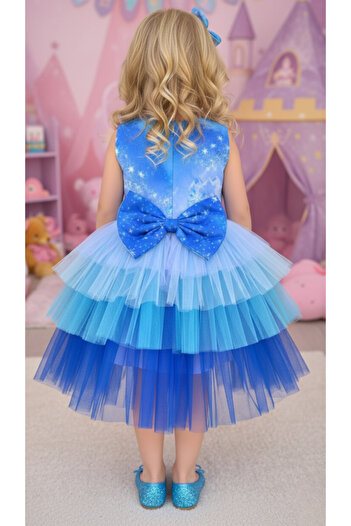 Ceylin Fashion Kız Çocuk Elsa Mavi Tütülü Doğum Günü Elbisesi CF-25003