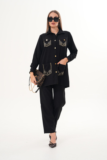 AYASOFYA OTANTIK Women's Black Stone Print Detailed Pocketed Shirt Pants Set