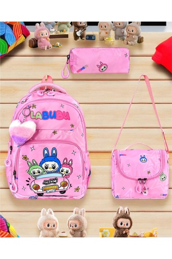KY Girl's Primary School Orthopedic Bubu 3-Piece Bag Set with 3 Compartments, Water Bottle Holder, Lunch Box and Pencil Holder