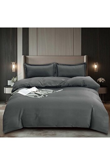 Casa de Vis Set lenjerie de pat dublu, bumbac satinat, 180 x 200 cm, 4 piese, cu elastic, gri