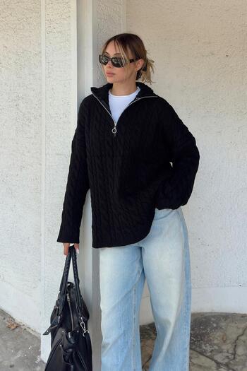 Swist Black Zippered Stand Collar Thick Hair Knit Oversize Women's Knitwear Sweater