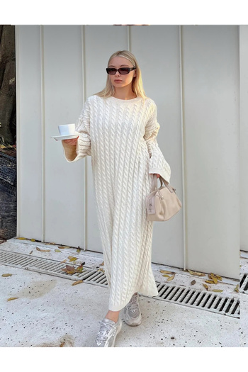 By Kuzey Aras Women's Thick Knitted Patterned Knitwear Long Dress Comfortable Loose Oversize Winter