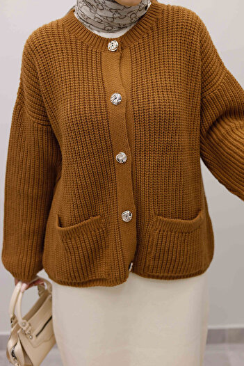 Tesettür Dünyası Soft Textured Buttoned Knitwear Cardigan Tsd250223 Tan