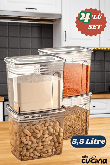 Stile Cucina 4-Piece Economical 5.5 Liter Strip Mega Size Flour, Food, Legume Storage Box Anthracite