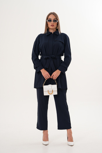 AYASOFYA OTANTIK Women's Navy Blue Zipper Closure Piping Shirt Pants Set