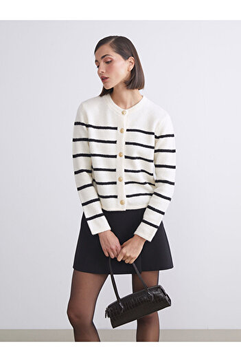 LC Waikiki Crew Neck Striped Women's Knitwear Cardigan