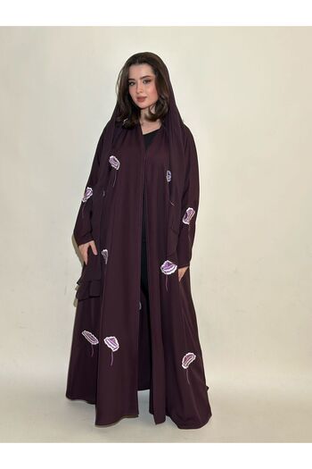 Elegant Dark berry balloon abaya embroidered with roses