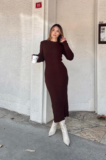 Swist Brown Bria Crew Neck Women's Thick Knit Midi Dress