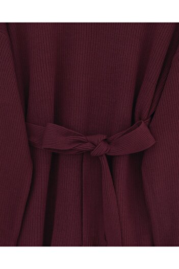 Modamorfo Knitted Suit with Folded Sleeves, Belted Waist and Slit - Burgundy