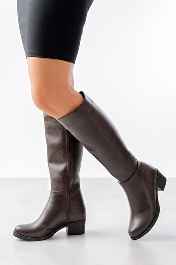 DİVOLYA Lorida Brown Leather Heeled (5 cm) Side Zippered Daily Use Boots