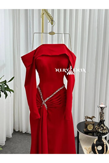 narvenia Pleats Crystal Off Shoulder Dress