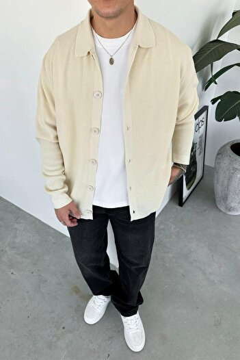 HAFKAGİYİM Cream Buttoned Relaxed Knit Cardigan