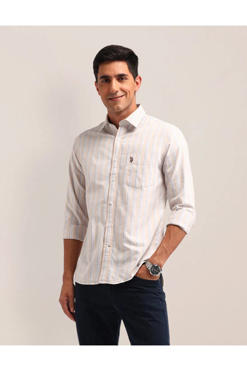 U.S. Polo Assn. Men's Beige Tailored Fit Vertical Striped Shirt