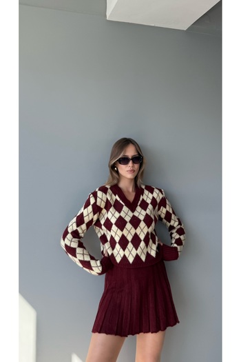Julidress Baklava Pattern Sweater and Pleated Mini Skirt Bottom Top Knitwear Set