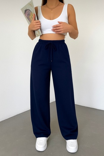DEZZİİ Navy Blue Baggy Sweatpants with Wide Legs