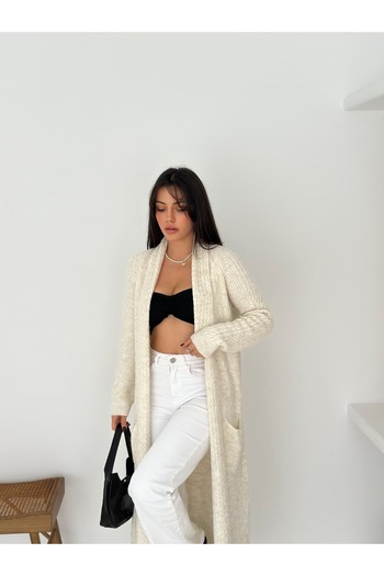 Brantu Knitted Patterned Long Knit Cardigan with Pockets