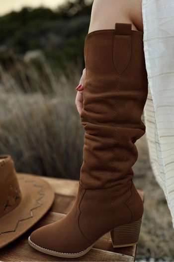 POLKA STORE Desert Long Below-The-Knee Western Suede Bitter Brown Women's Bellows Cowboy Boots