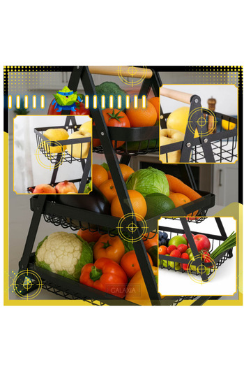 OEM 3-tier metal basket for countertop, matte black, with removable wooden handle, ventilated fruit organizer