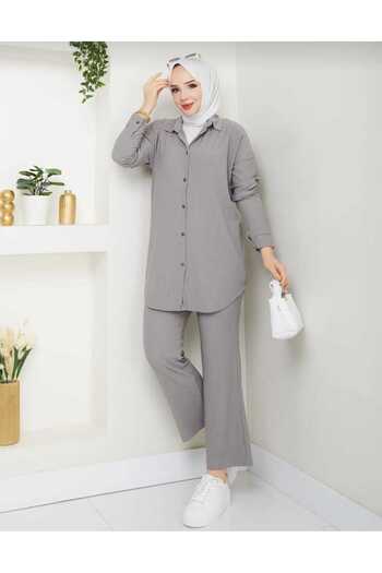 Giyim Gezegeni Women's Hijab Two-Piece Top and Bottom Set – Buttoned Tunic and Pants Combination Stylish Comfortable Daily Wear Fashion