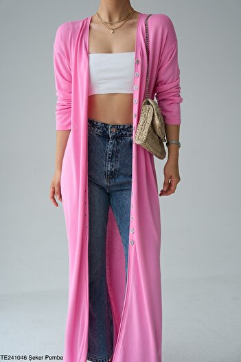 ibeeka New Season Candy Pink Color Long Tunic / Cardigan Button Closure Cardigan Dress