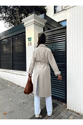 MADAME MELEK Belted Outerwear Lined Long Cashmere Coat with Epaulettes