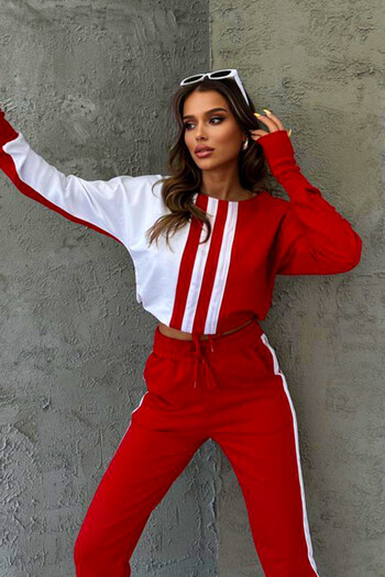 FashionForYou One Balance sports suit, blouse with glove-like cuffs and pants with elastic band, Red, L