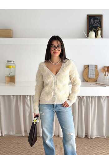Brantu Women's V-Neck Plush Detailed Stone Buttoned Knitwear Cardigan