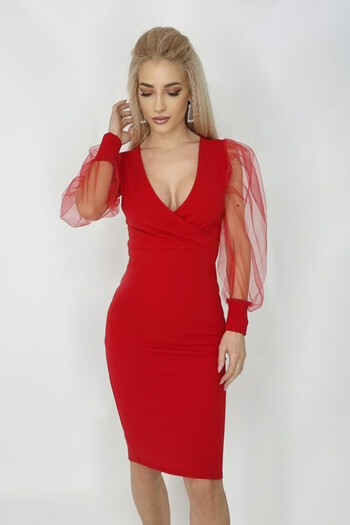 FashionForYou Zephyr midi dress, bodycon, with wide neckline and long veil sleeves, Red, Size S/M, One Size S/M