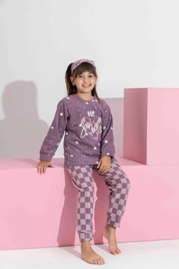 Tarık Girl Teen and Child Lilac Square Patterned Long Sleeve Fleece Plush Fabric Winter Warm Pajama Set