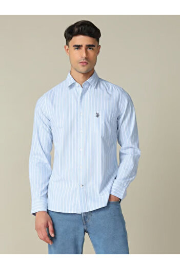 U.S. Polo Assn. Men's Blue Cotton Tailored Fit Vertical Striped Shirt
