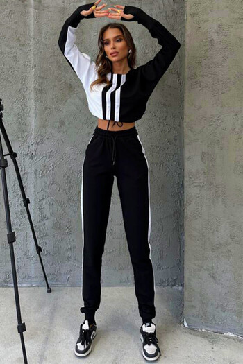 FashionForYou One Balance sports suit, blouse with drawstring waist and pants with elastic band, Black, M