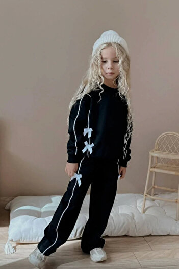 Kidmark Çocuk Modası Girl's Ribbon Detailed Striped 100% Cotton Top and Bottom Set