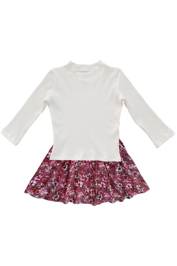 MODA59 Girls' Skirt Suit, Long Sleeve Cotton T-Shirt Floral Knee-Length Skirt